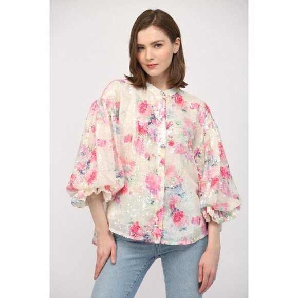 Floral Sequin Bubble Sleeve Blouse - Picture 11 of 12